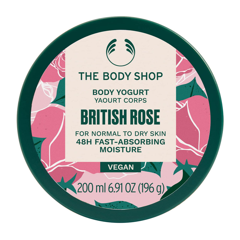 The Body Shop British Rose Body Yogurt texture closeup highlights fast absorption for instant hydration.