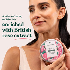 The Body Shop British Rose creamy texture emphasizes non-greasy, non-sticky feel on skin.