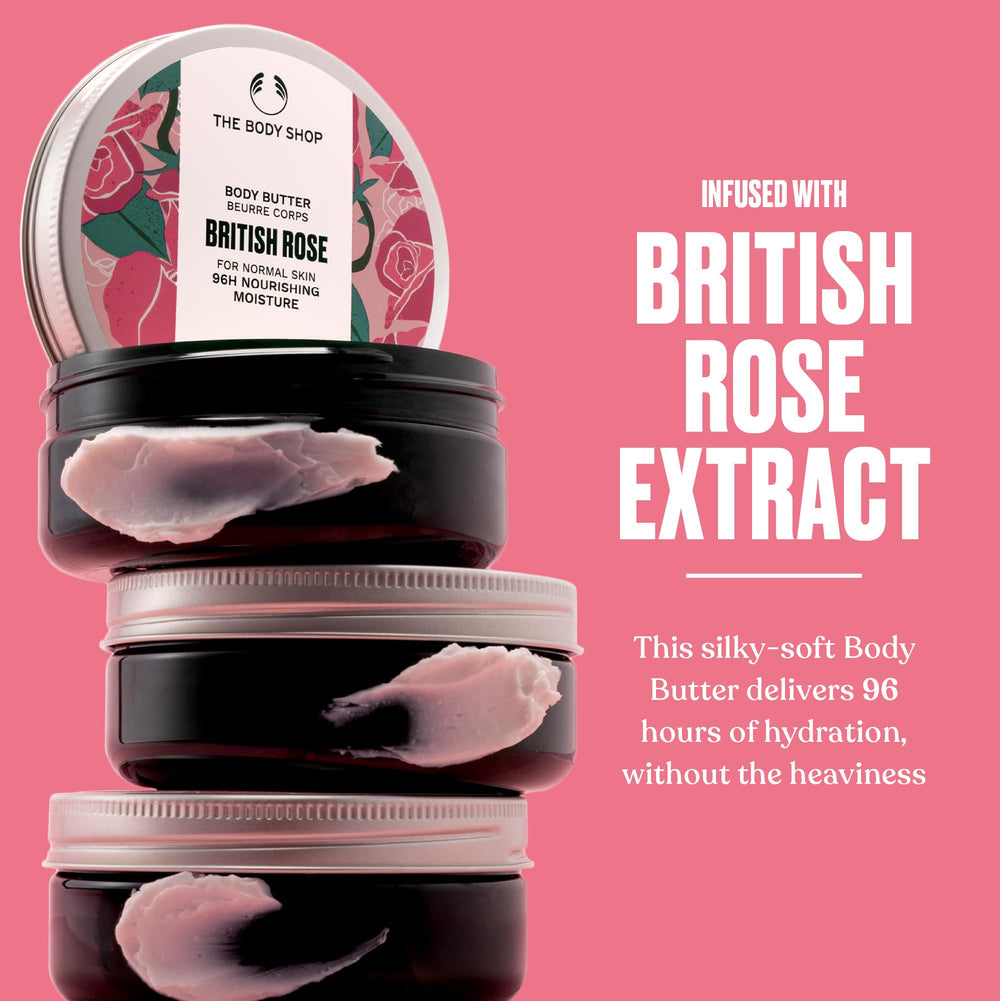 The Body Shop British Rose Rose extract highlights a delicate, floral scent for a blooming bouquet experience.
