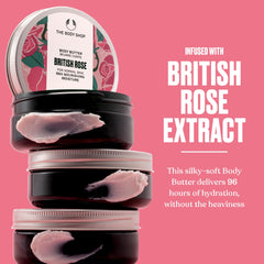 The Body Shop British Rose Rose extract highlights a delicate, floral scent for a blooming bouquet experience.