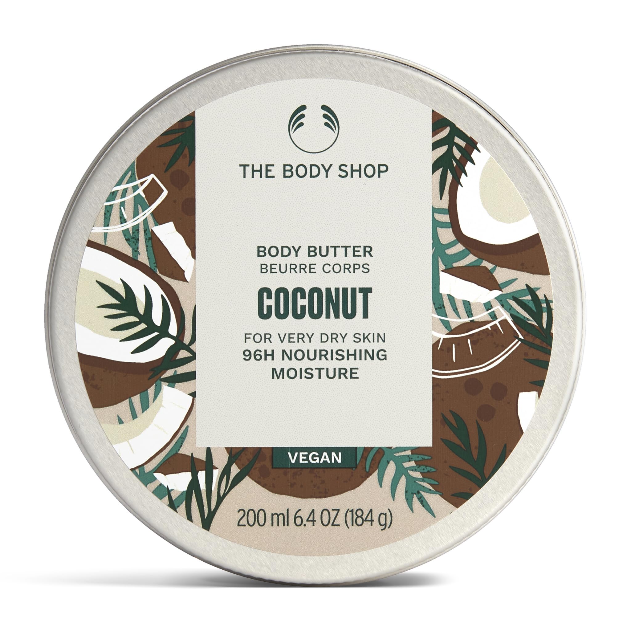 The Body Shop Coconut Body Butter jar side shows rich hydration for very dry skin