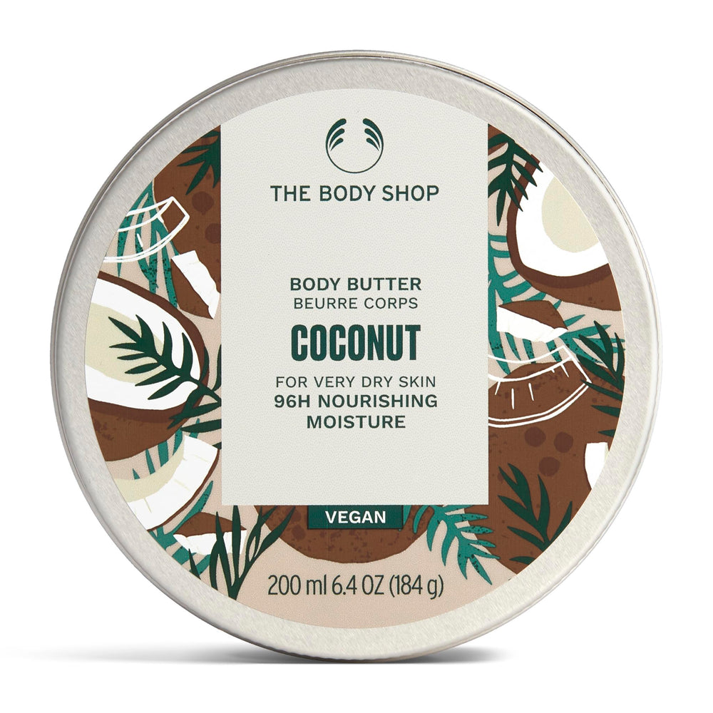 The Body Shop Coconut Body Butter jar side shows rich hydration for very dry skin