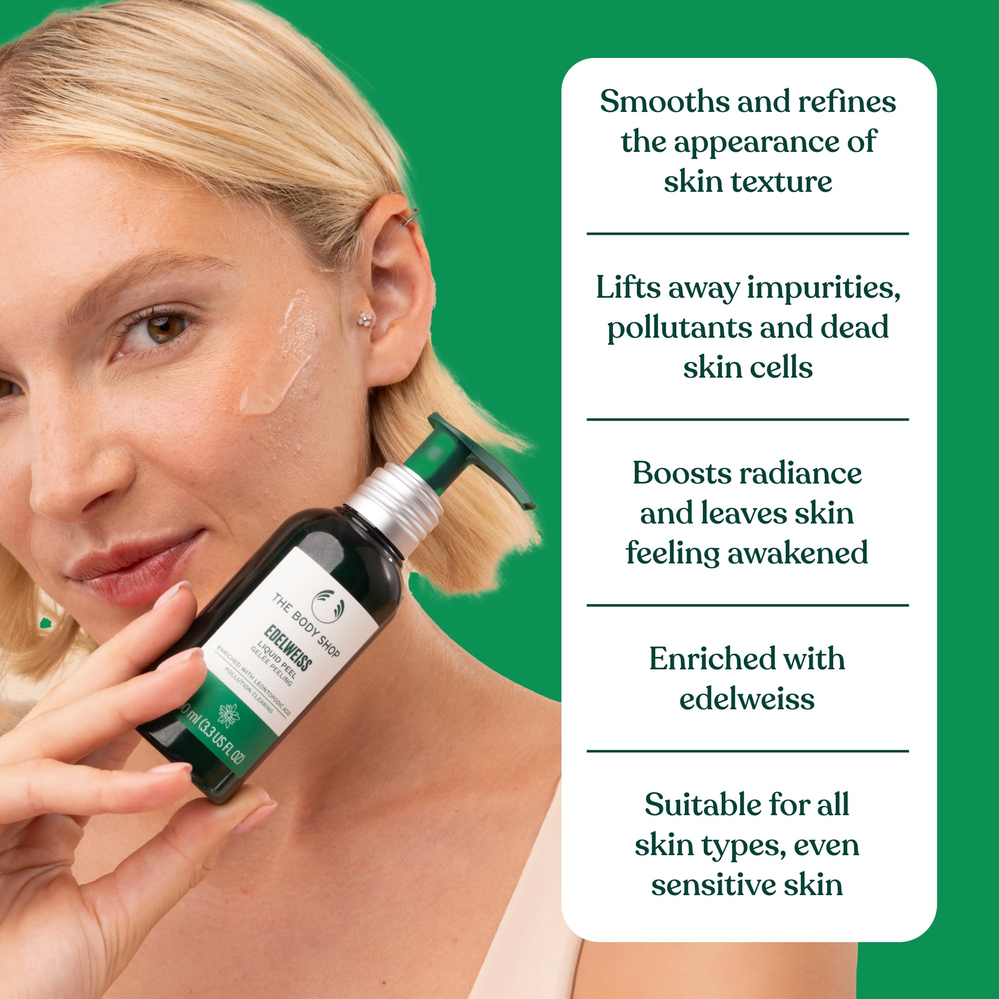 The Body Shop Edelweiss Liquid Peel after-use glow on skin.