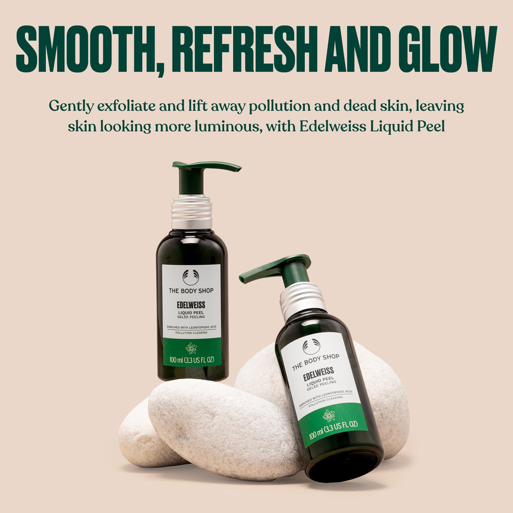The Body Shop Edelweiss Liquid Peel gel-to-peel transforming texture reveals clean, refreshed skin.