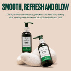 The Body Shop Edelweiss Liquid Peel gel-to-peel transforming texture reveals clean, refreshed skin.