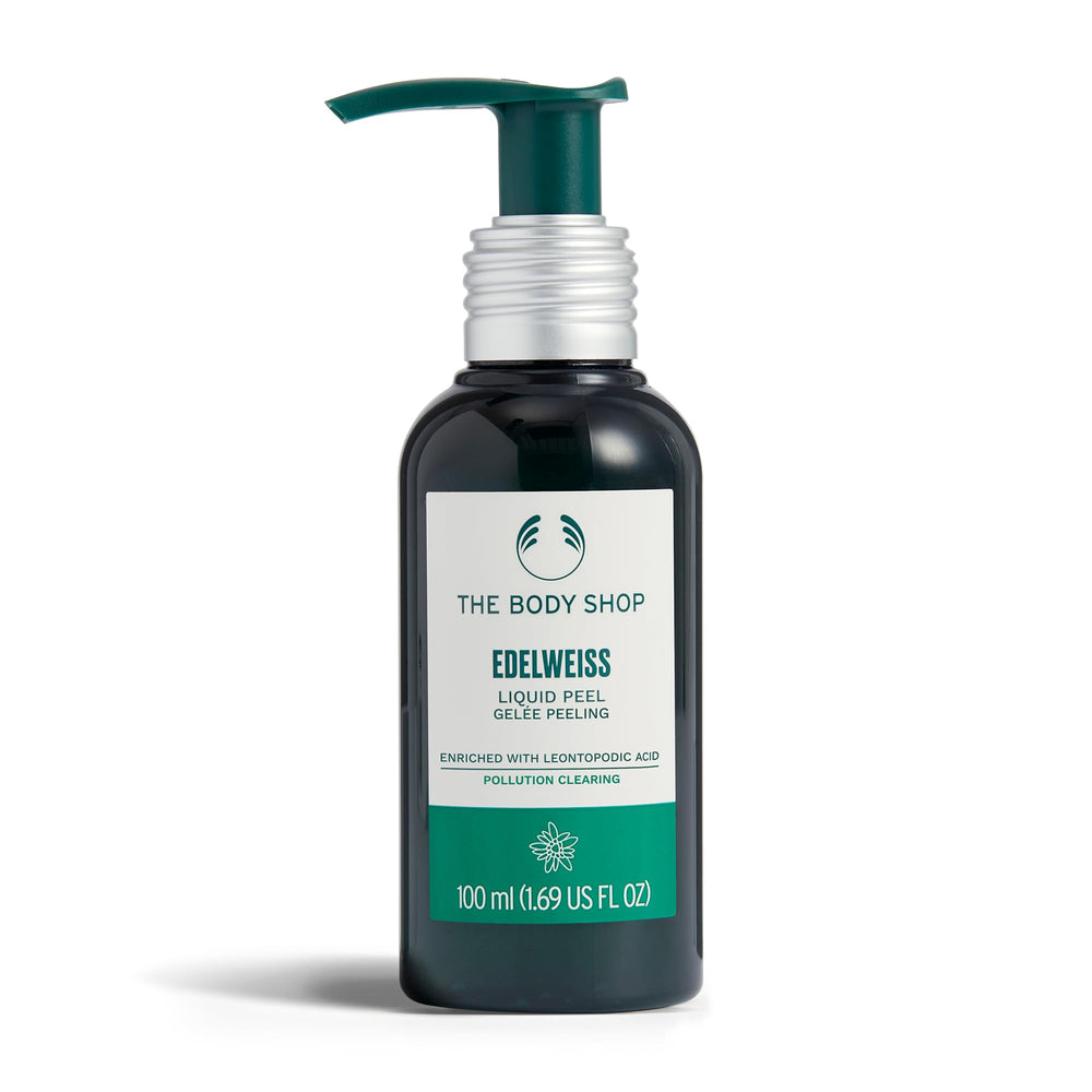 The Body Shop Edelweiss Liquid Peel pump in action for gentle exfoliation.