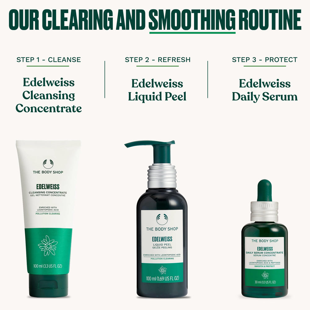 The Body Shop Edelweiss Liquid Peel recyclable bottle made from post-consumer plastic.