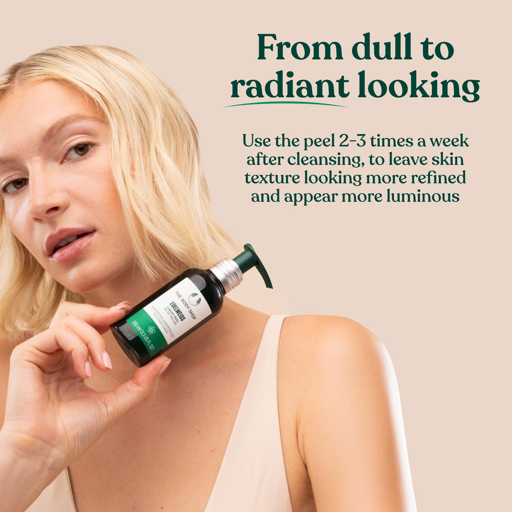 The Body Shop Edelweiss Liquid Peel rinsing away impurities for a fresher complexion.