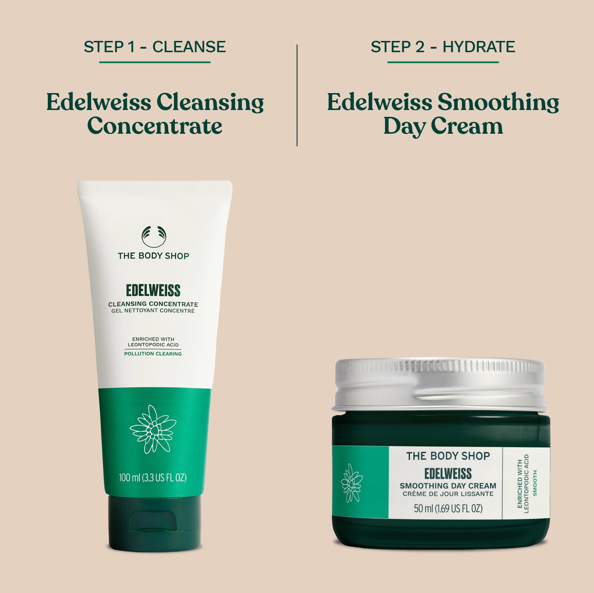 The Body Shop Edelweiss Smoothing Day Cream brand packaging hints at ethical beauty.