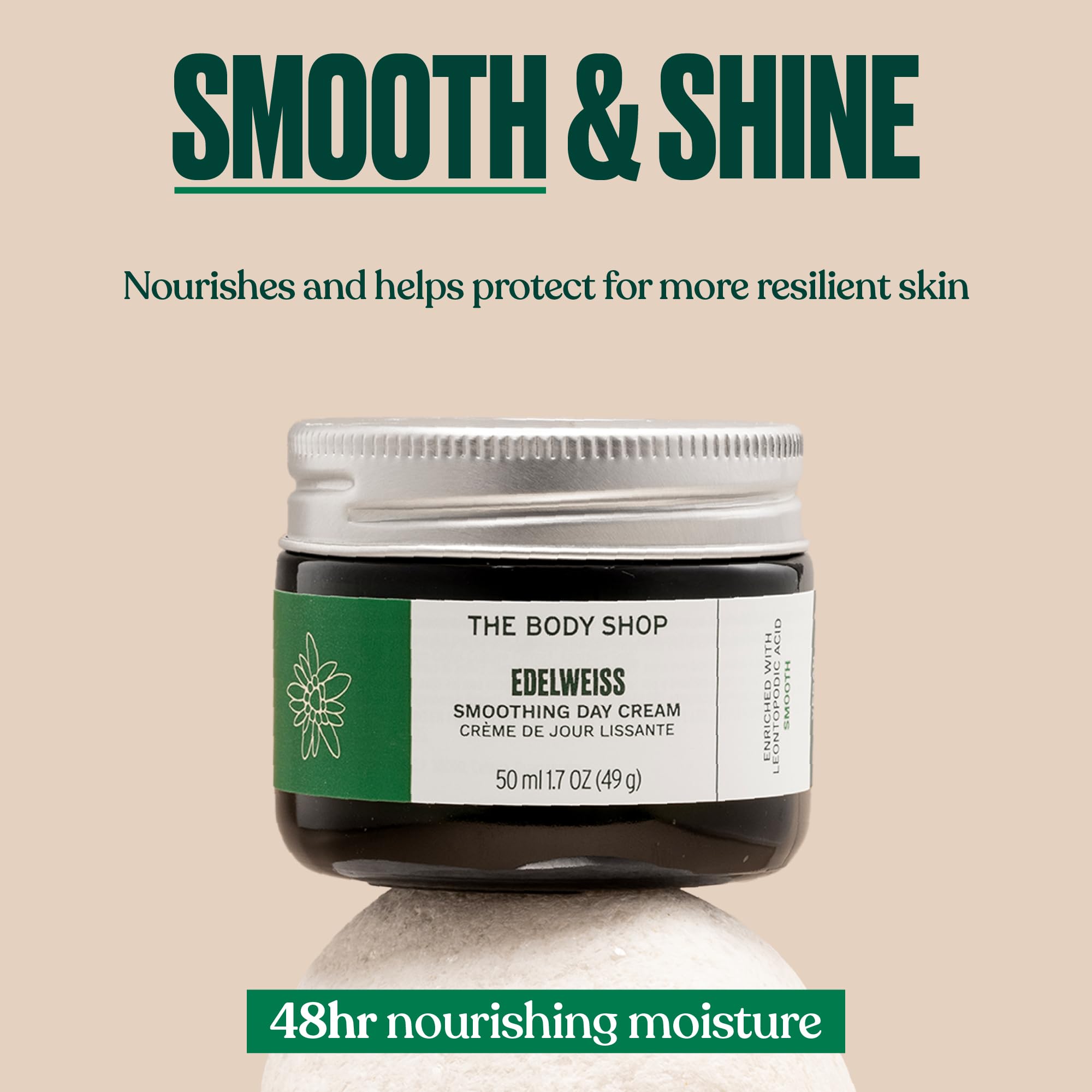 The Body Shop Edelweiss Smoothing Day Cream ingredient closeup emphasizes edelweiss benefits.