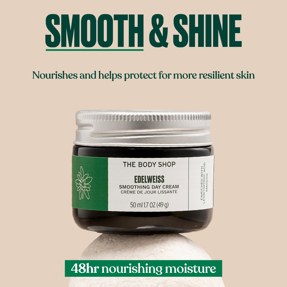 The Body Shop Edelweiss Smoothing Day Cream ingredient closeup emphasizes edelweiss benefits.