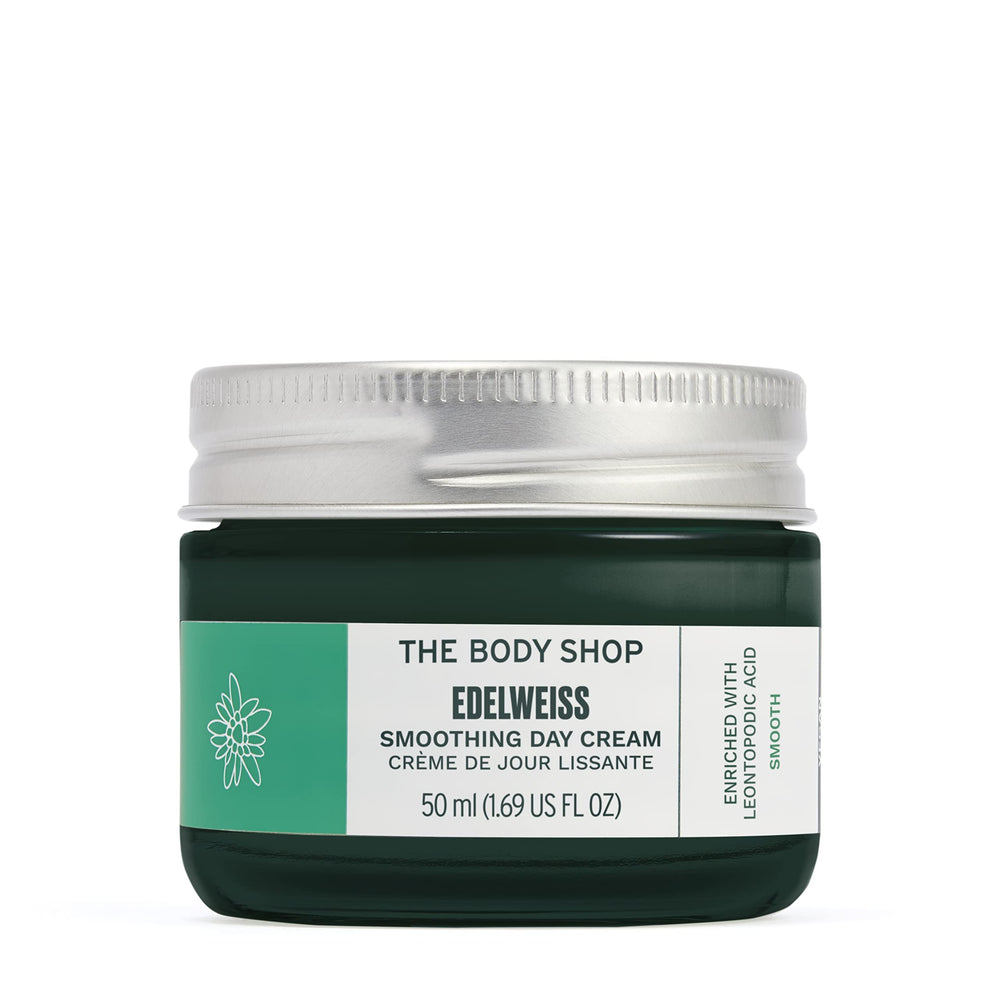 The Body Shop Edelweiss Smoothing Day Cream jar closeup shows plump hydration.