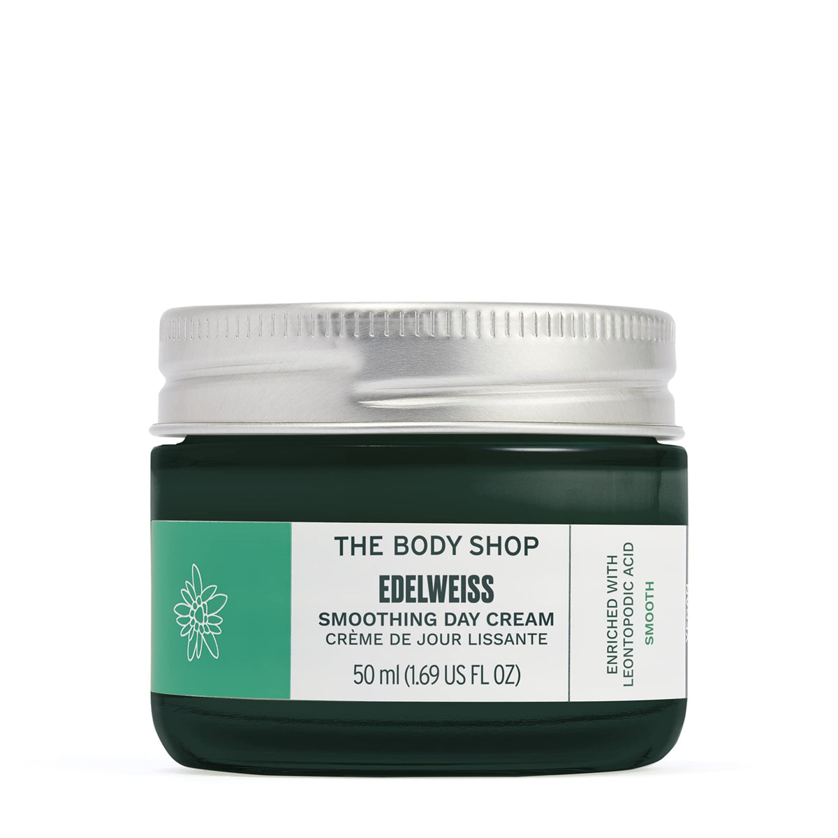 The Body Shop Edelweiss Smoothing Day Cream jar closeup shows plump hydration.