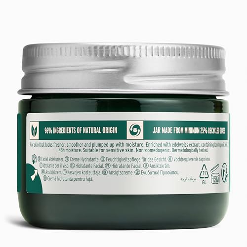 The Body Shop Edelweiss Smoothing Day Cream texture swirl highlights lightweight absorption.