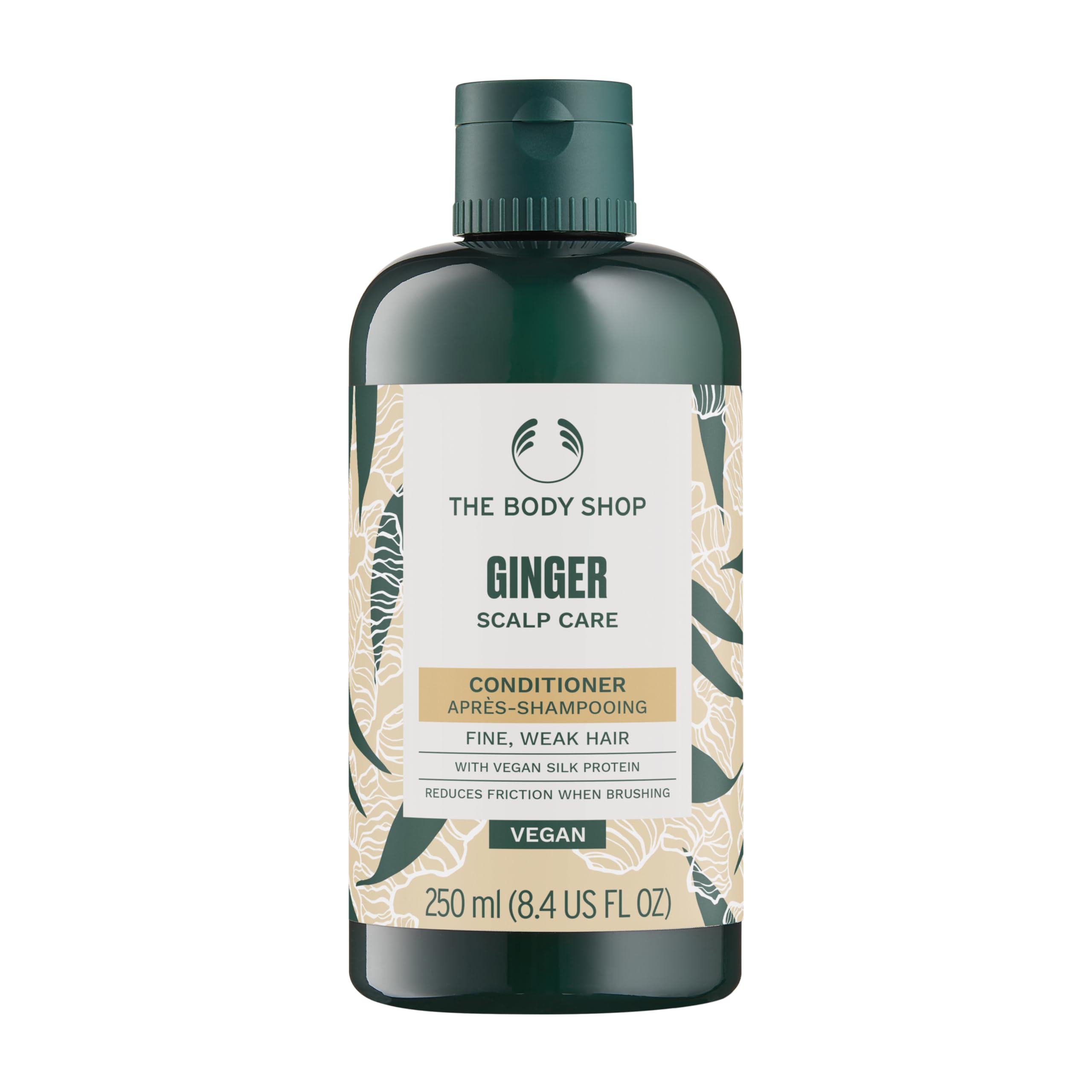 The Body Shop Ginger Scalp Care Conditioner bottle front with vegan formula for scalp soothing.