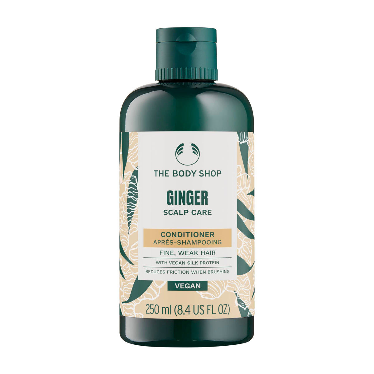 The Body Shop Ginger Scalp Care Conditioner bottle front with vegan formula for scalp soothing.