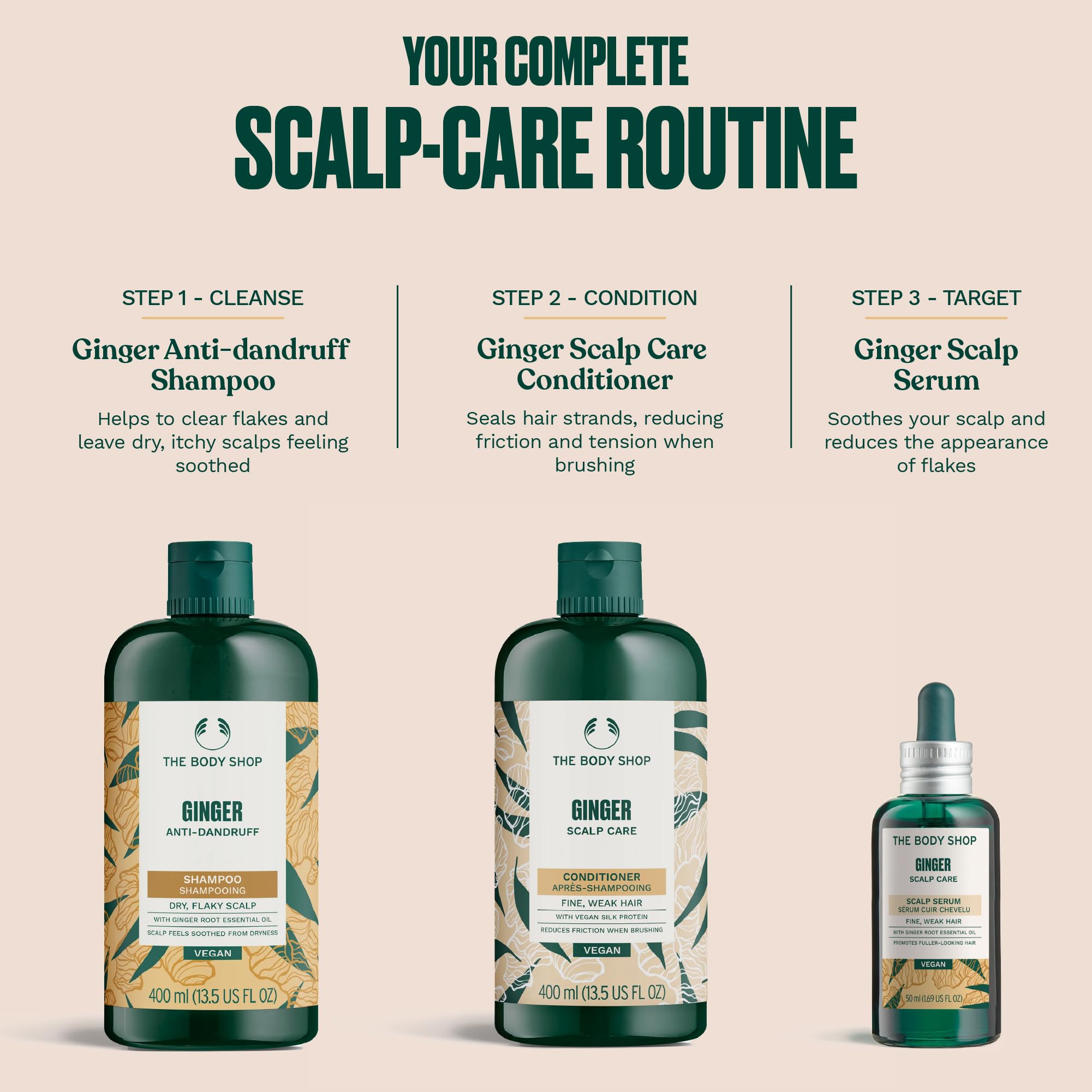 The Body Shop Ginger Scalp Care Conditioner packaging green emphasizes cruelty-free vegan formulas.
