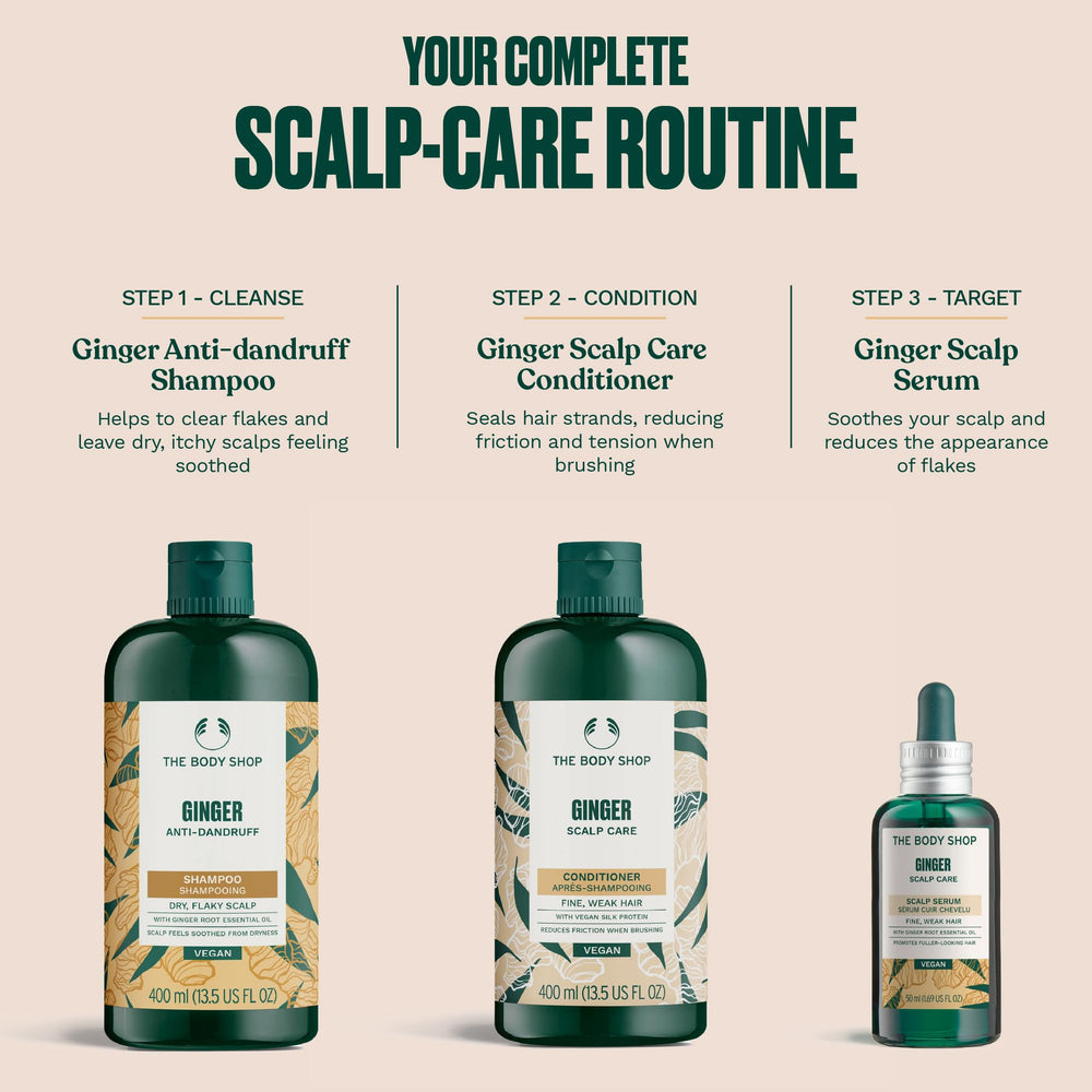 The Body Shop Ginger Scalp Care Conditioner packaging green emphasizes cruelty-free vegan formulas.