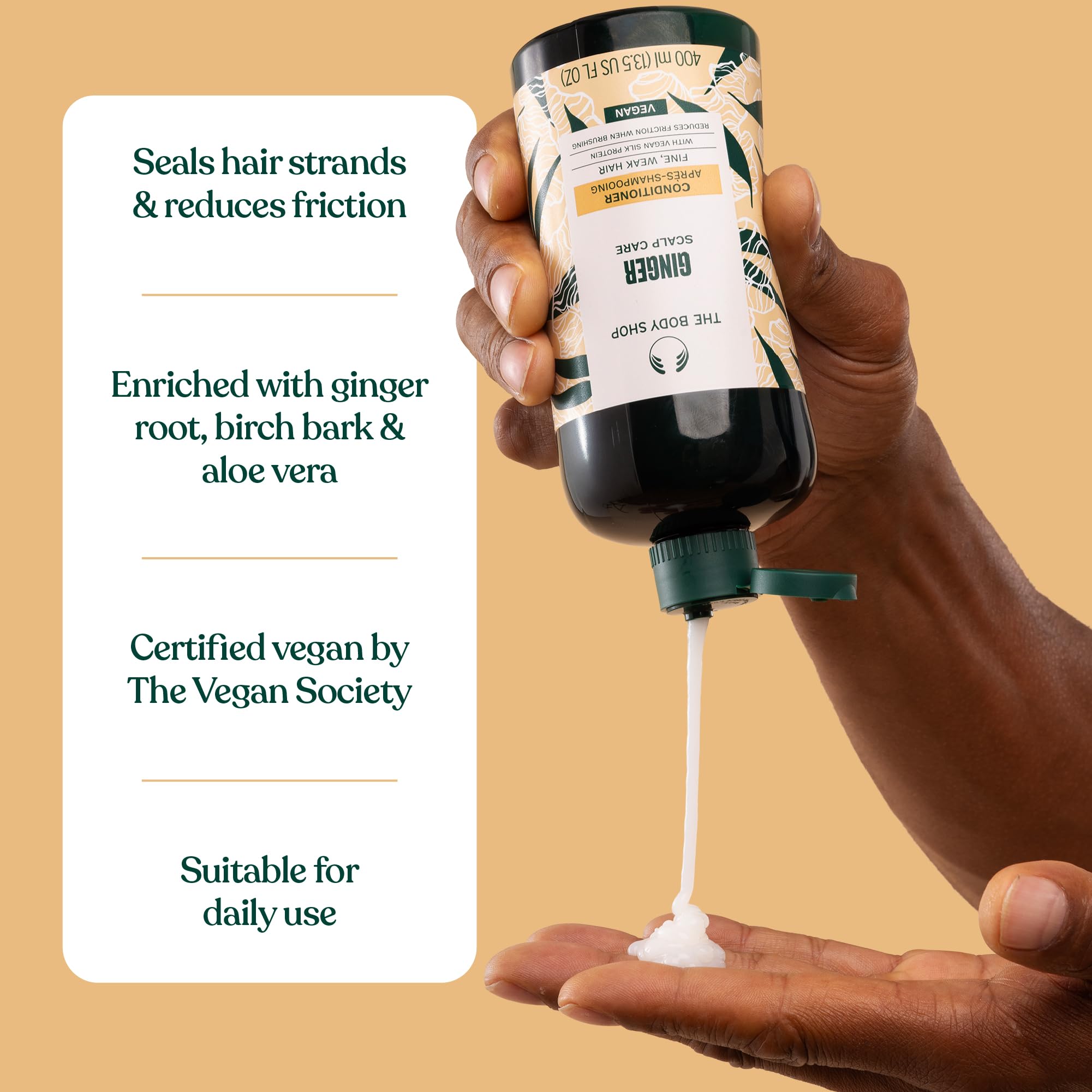 The Body Shop Ginger Scalp Care Conditioner packaging made from recycled plastics showcases sustainability.