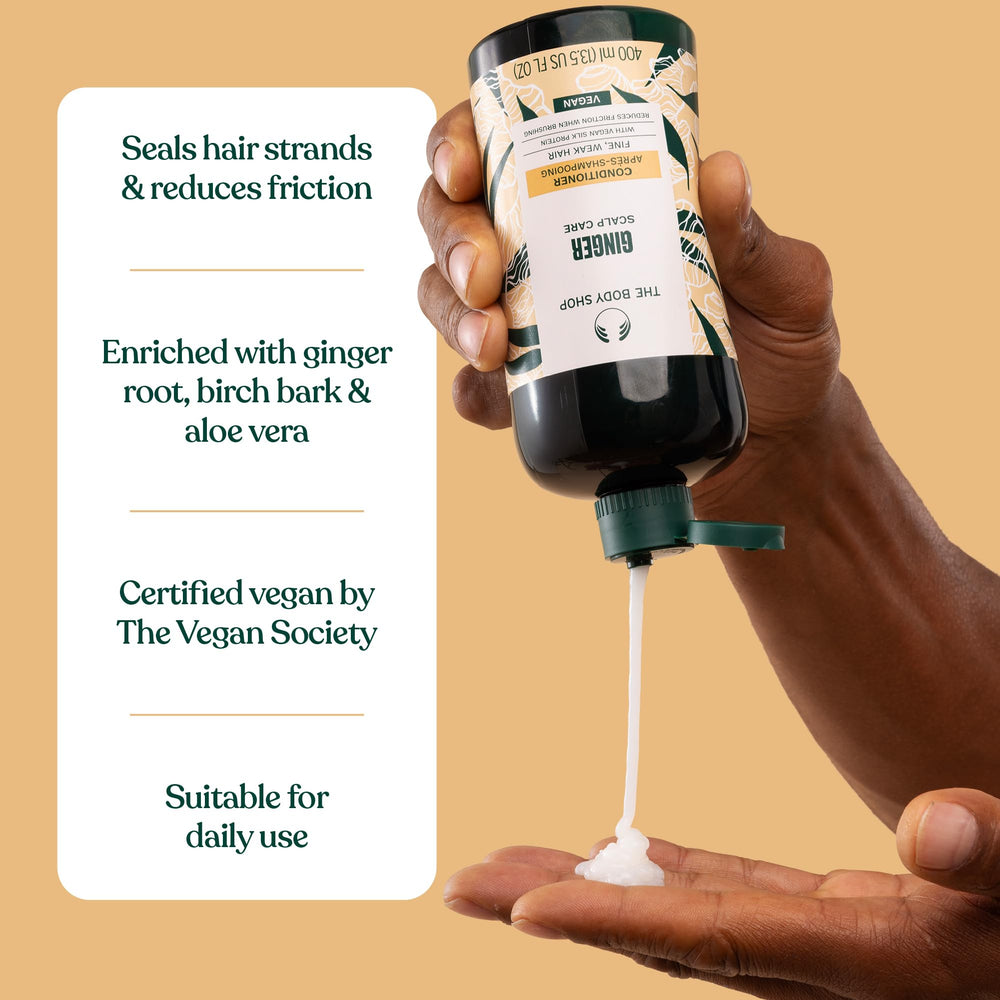 The Body Shop Ginger Scalp Care Conditioner packaging made from recycled plastics showcases sustainability.