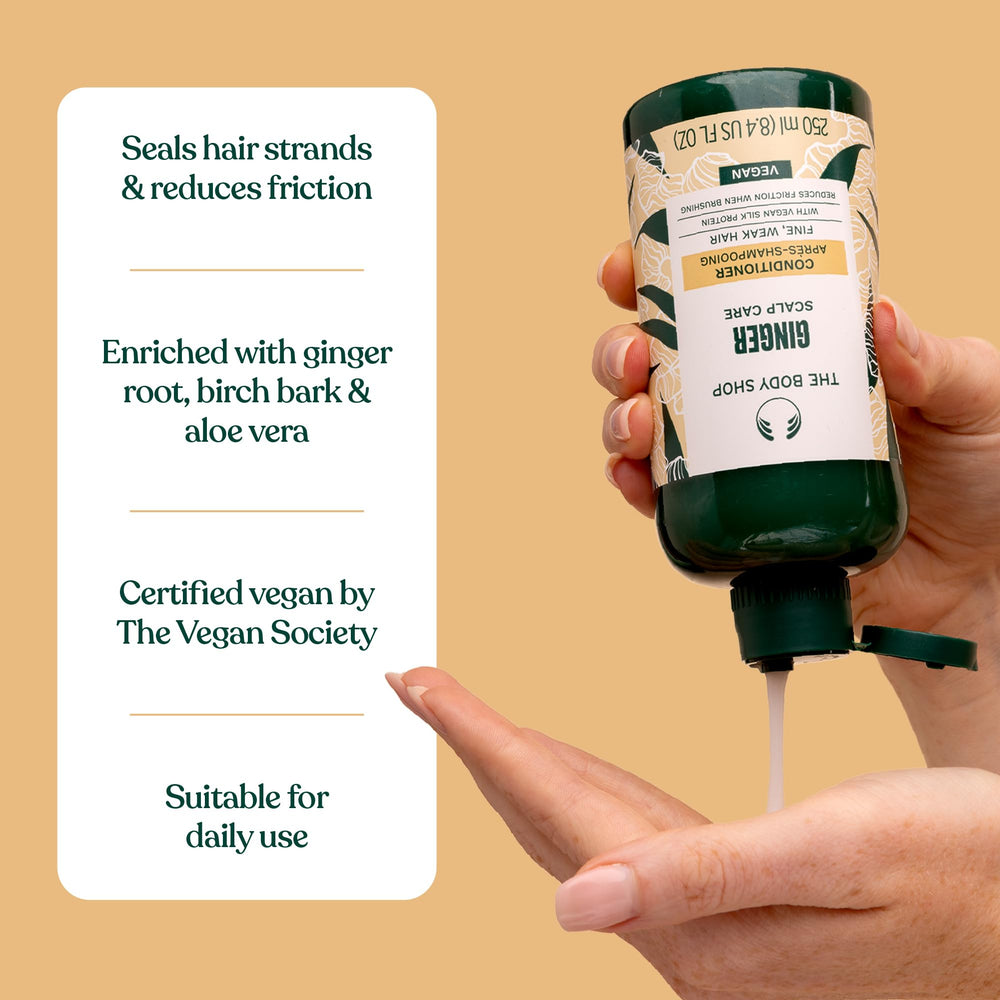 The Body Shop Ginger Scalp Care Conditioner with shampoo set demonstrates duo-care routine.