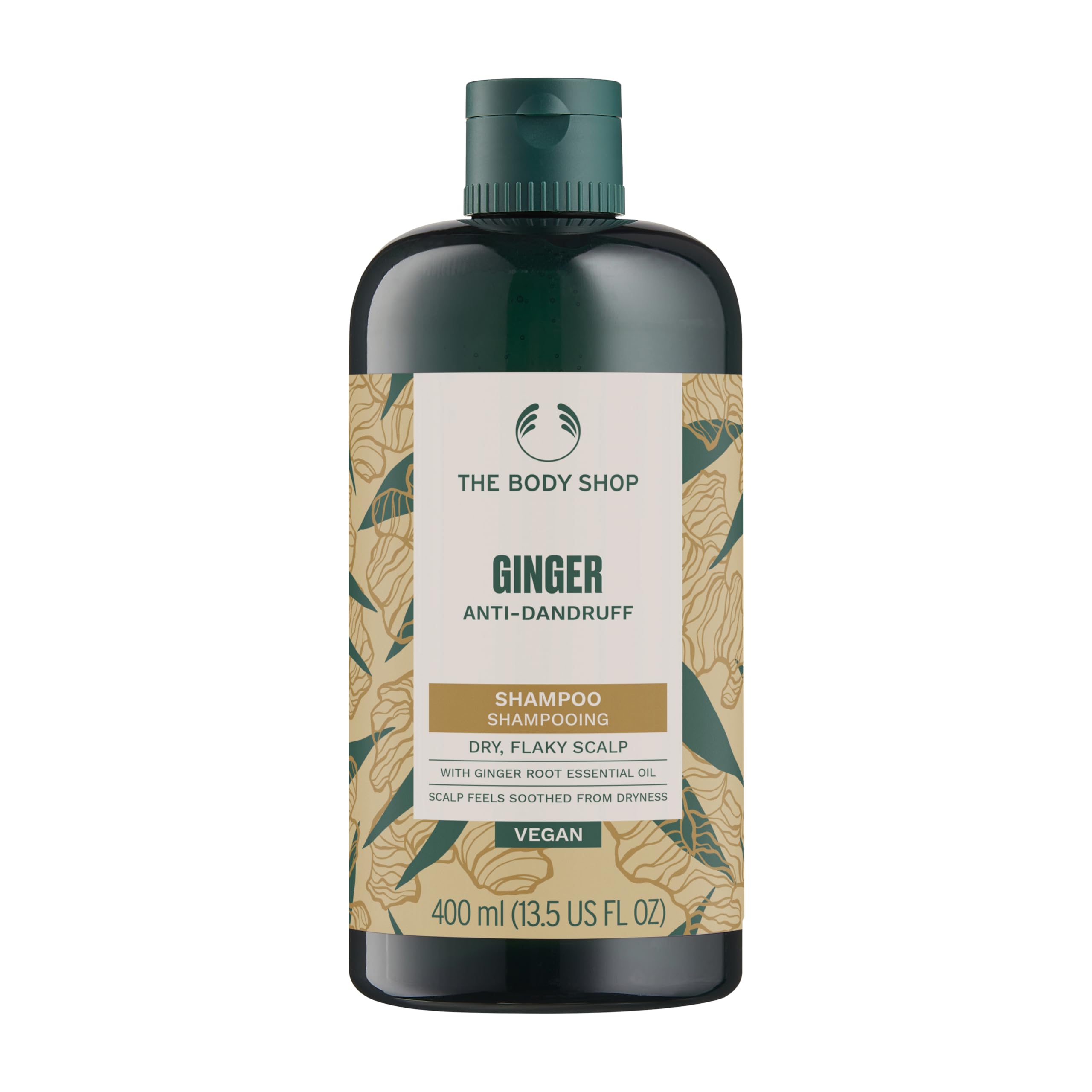 The Body Shop Ginger Scalp Care Shampoo bottle front view for soothing dry scalp.