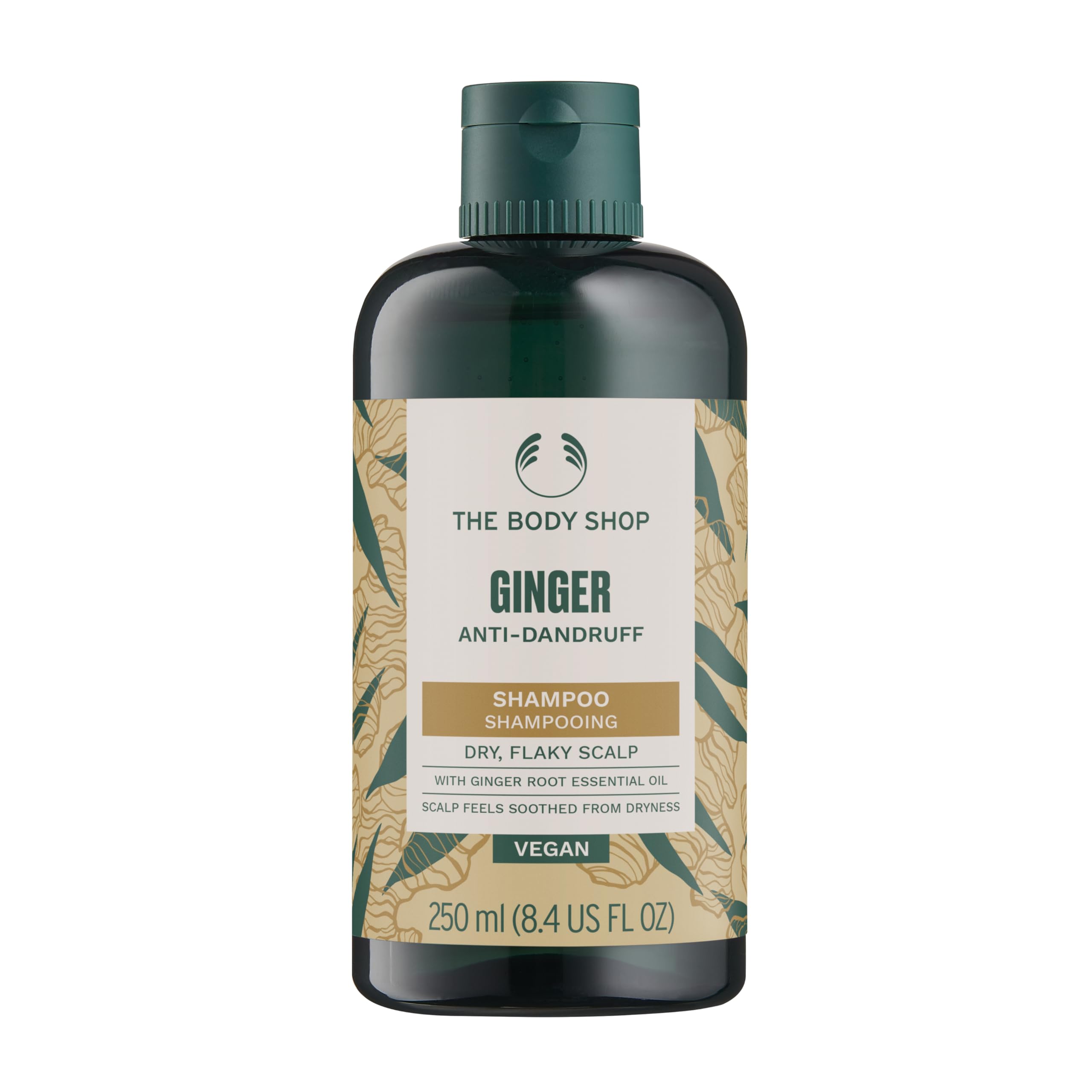 The Body Shop Ginger Scalp Care Shampoo pour bottle shows a refreshing cleanse for dry scalp relief.