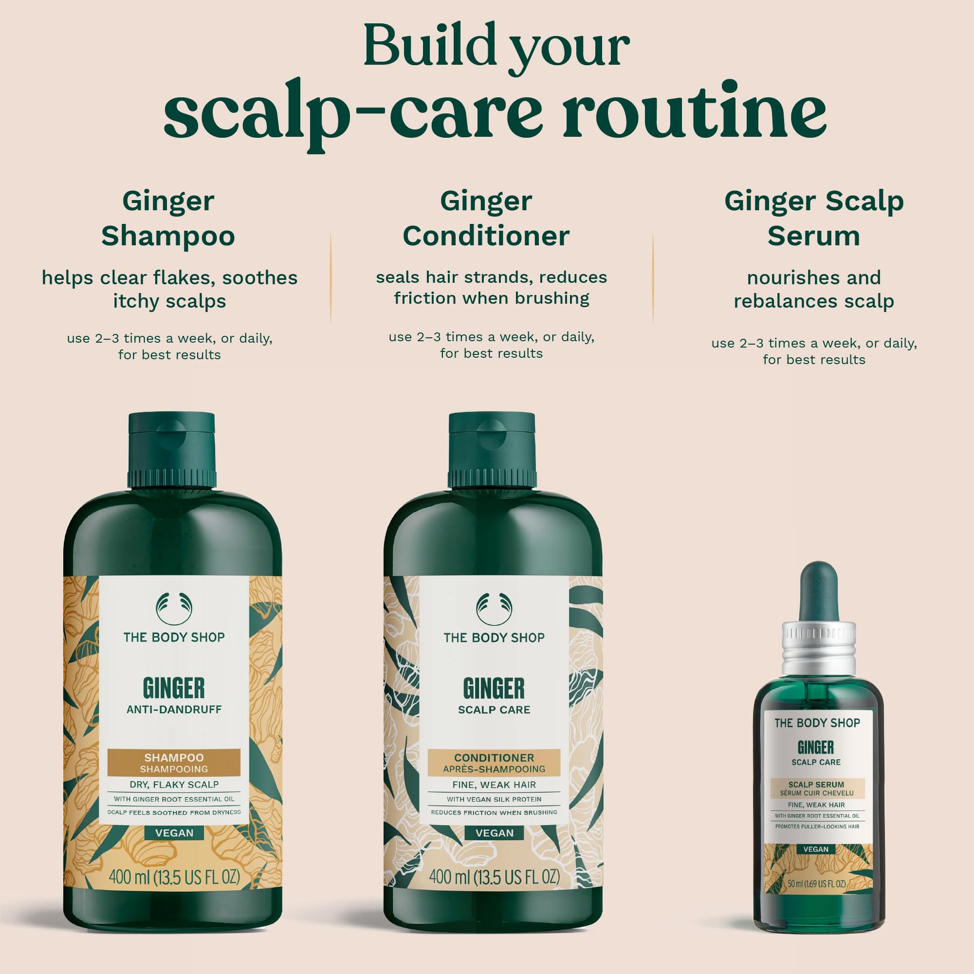 The Body Shop Ginger Scalp Care Shampoo routine-shot suggests a 3-step hair care ritual.