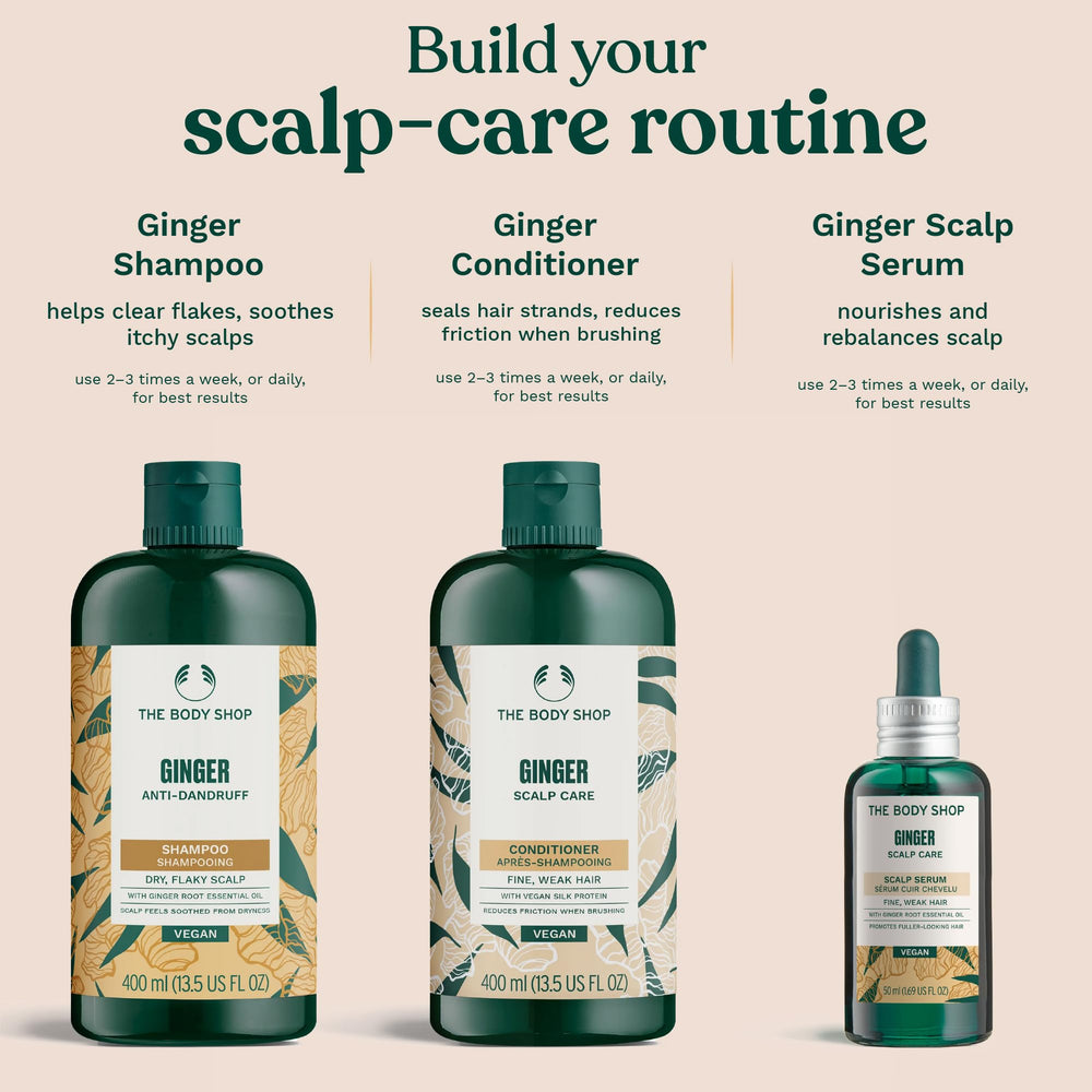 The Body Shop Ginger Scalp Care Shampoo routine-shot suggests a 3-step hair care ritual.