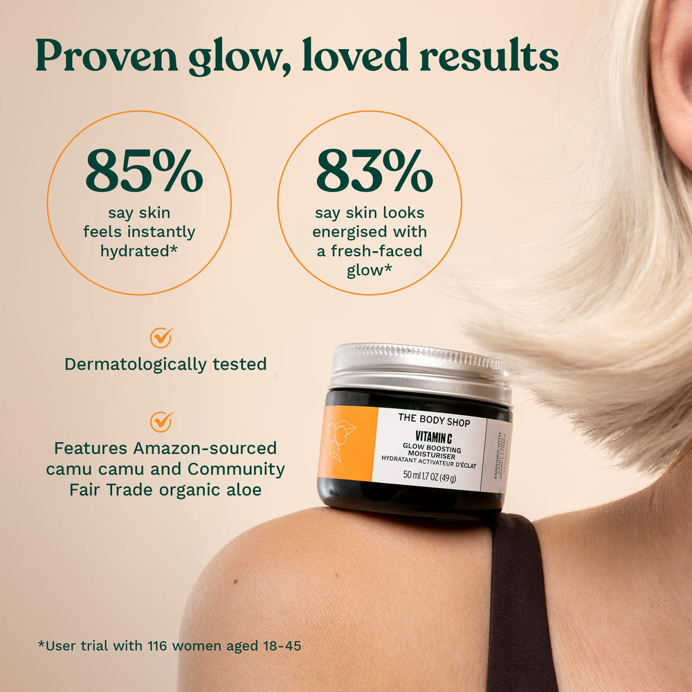 The Body Shop Glow Boost Moisturizer on cheeks delivers dewy radiance.