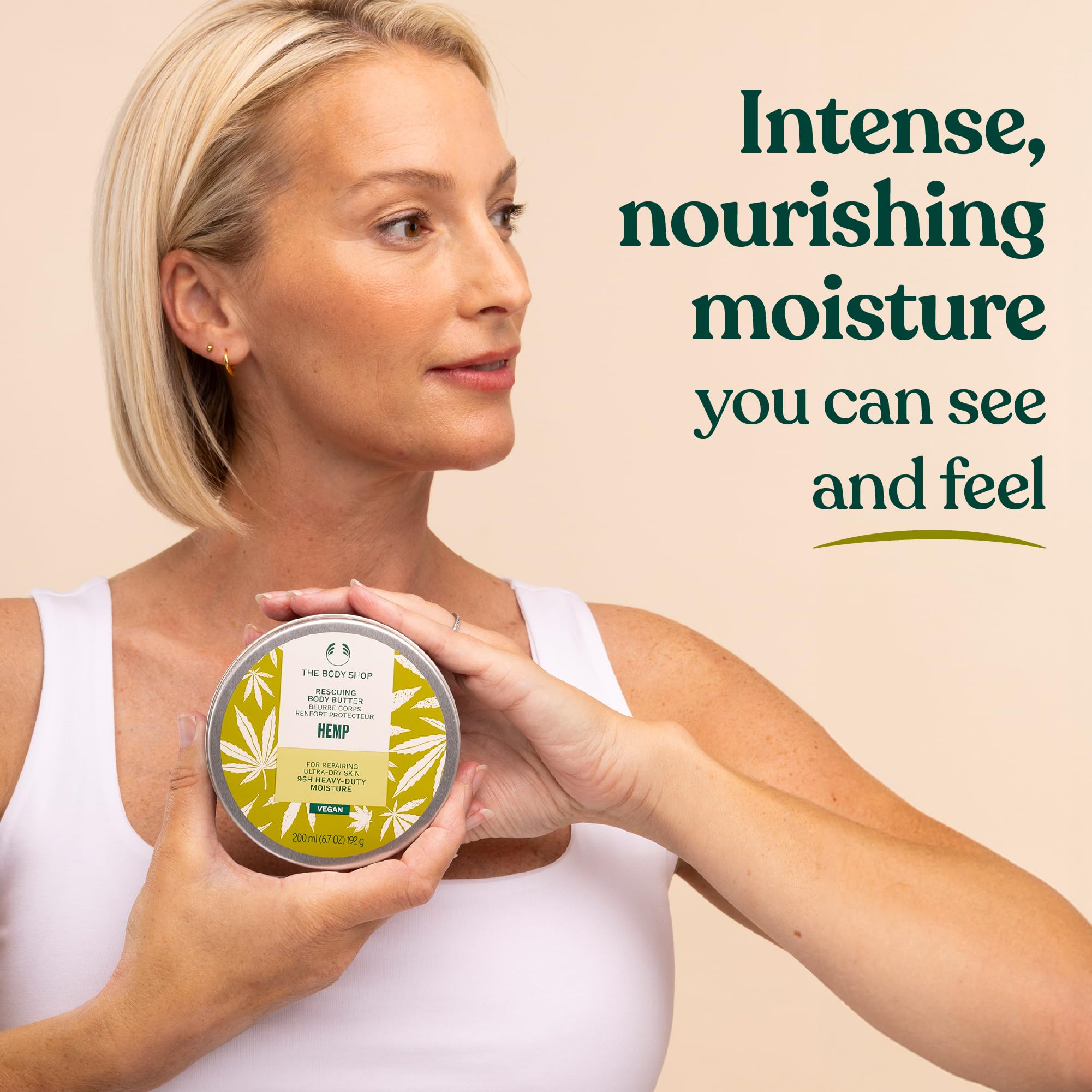 The Body Shop Hemp Body Moisturizer texture close-up shows creamy, non-greasy nourishment.