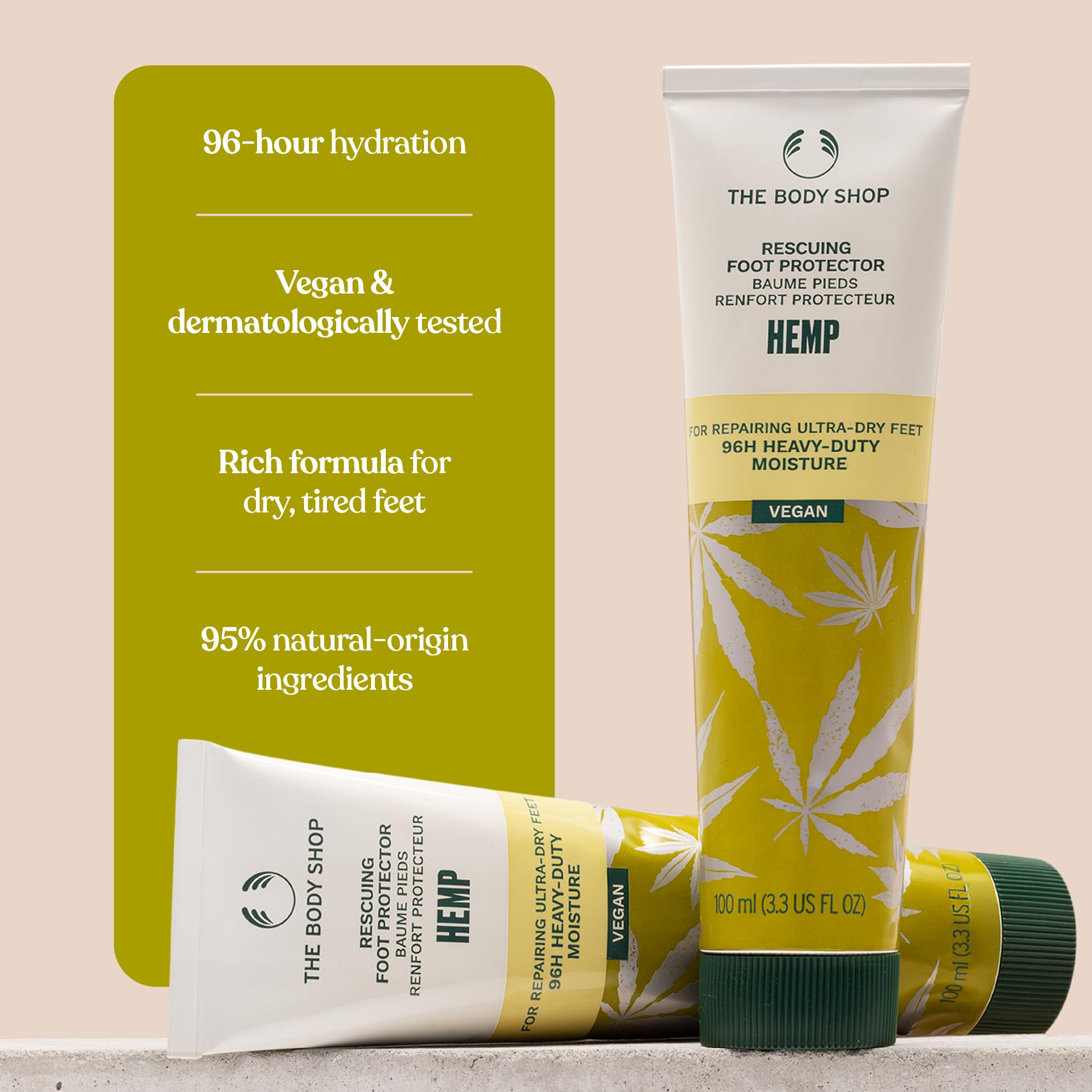 The Body Shop Hemp Foot Protector heel-detail emphasizes smoothing care for rough skin