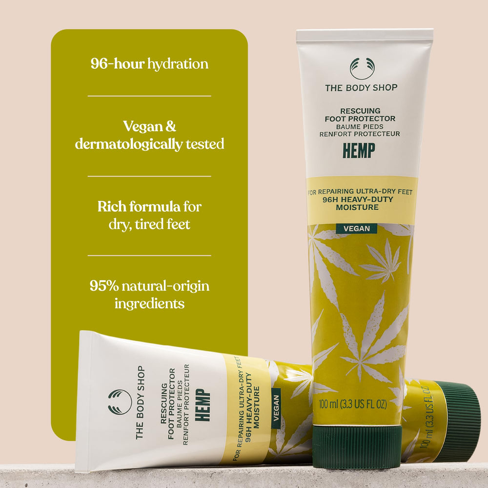 The Body Shop Hemp Foot Protector heel-detail emphasizes smoothing care for rough skin