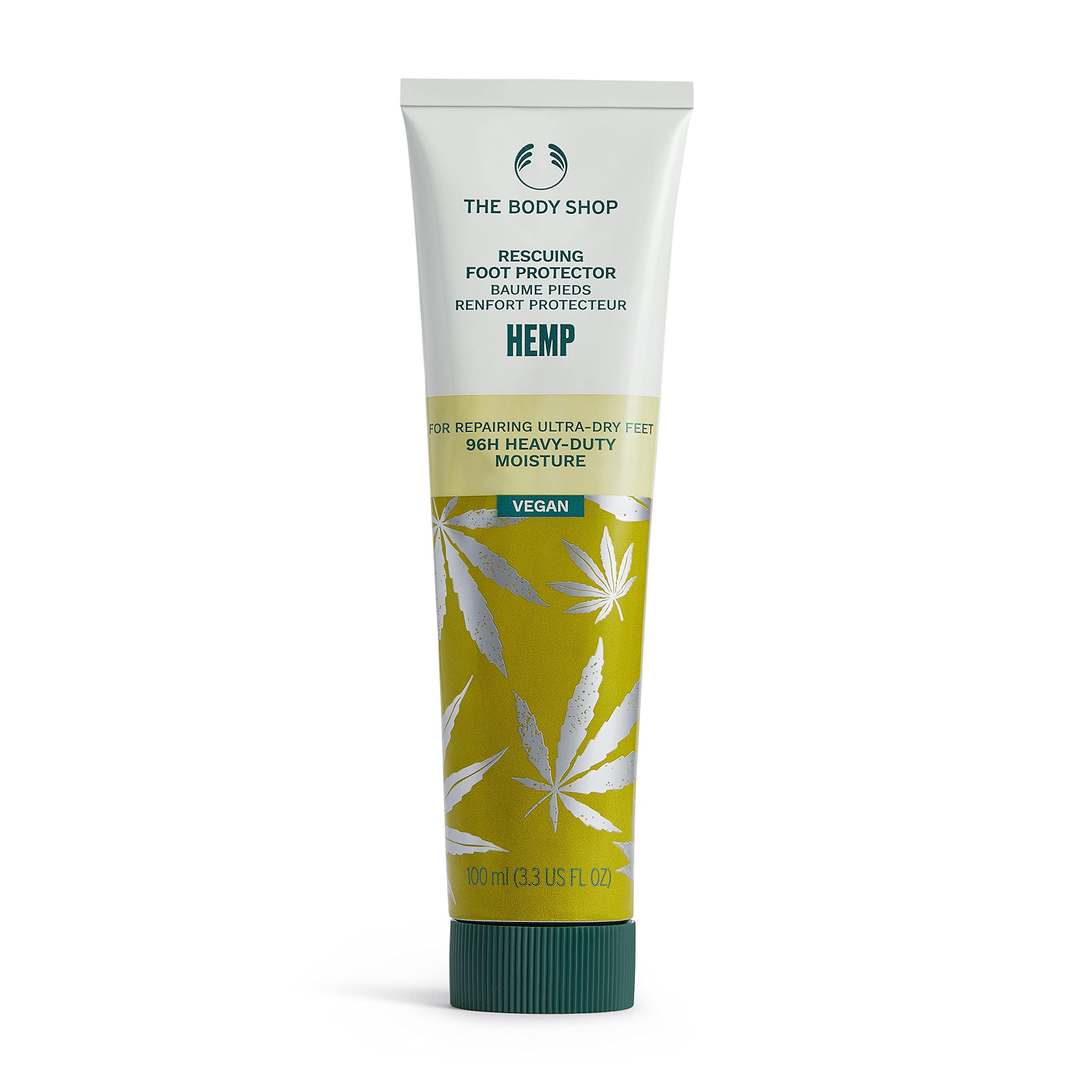 The Body Shop Hemp Foot Protector jar close-up shows rich hydration for ultra-dry feet