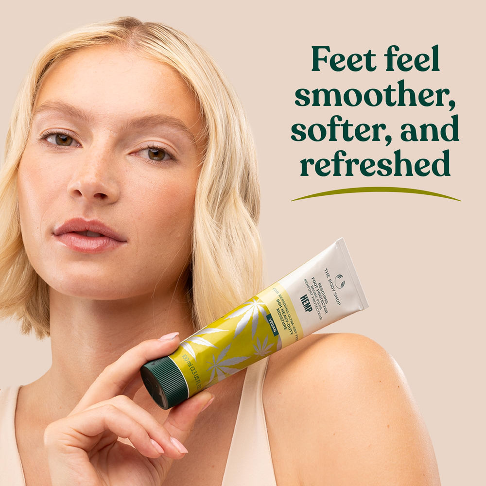 The Body Shop Hemp Foot Protector pack shot communicates eco-friendly, ethical ingredients