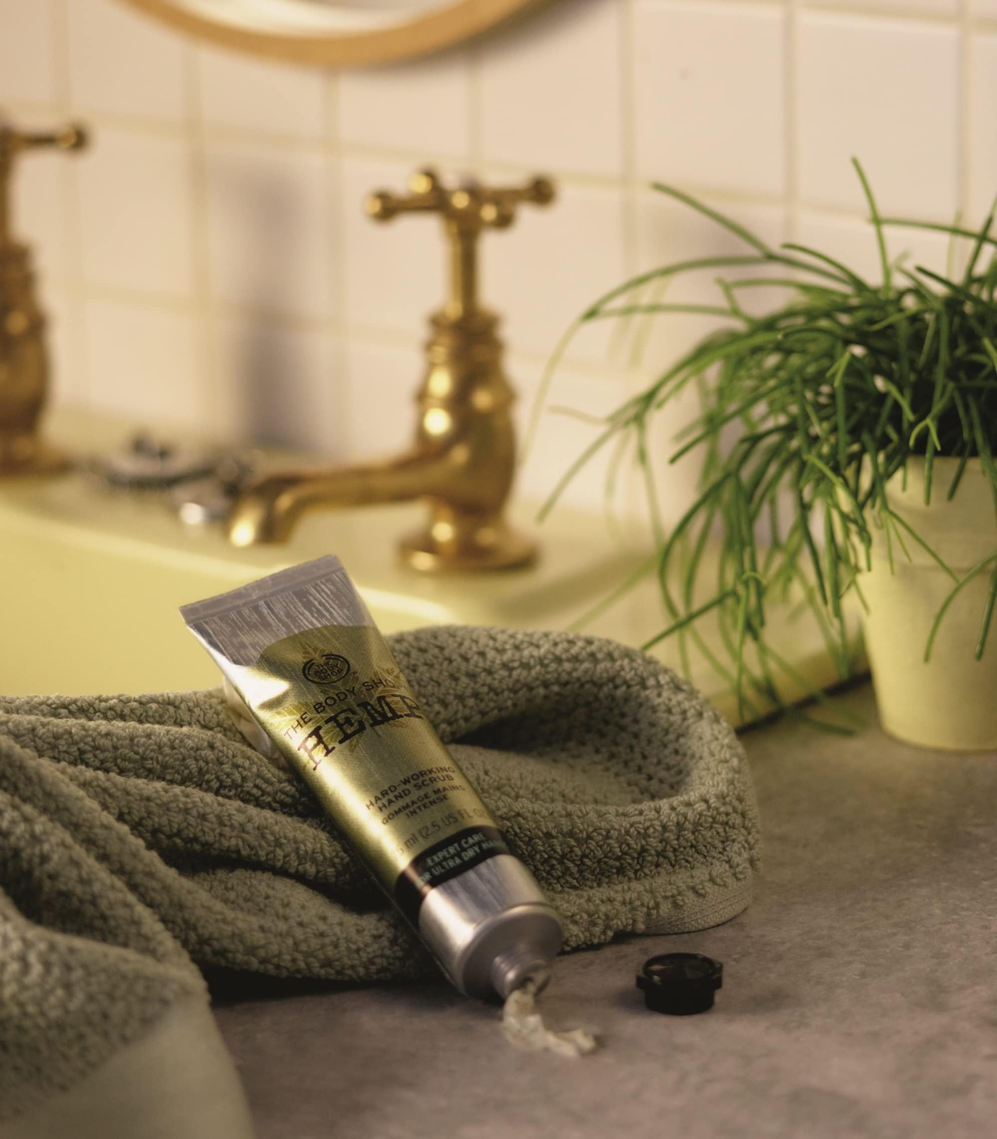 The Body Shop Hemp Hand Protector packaging on display signaling premium care.