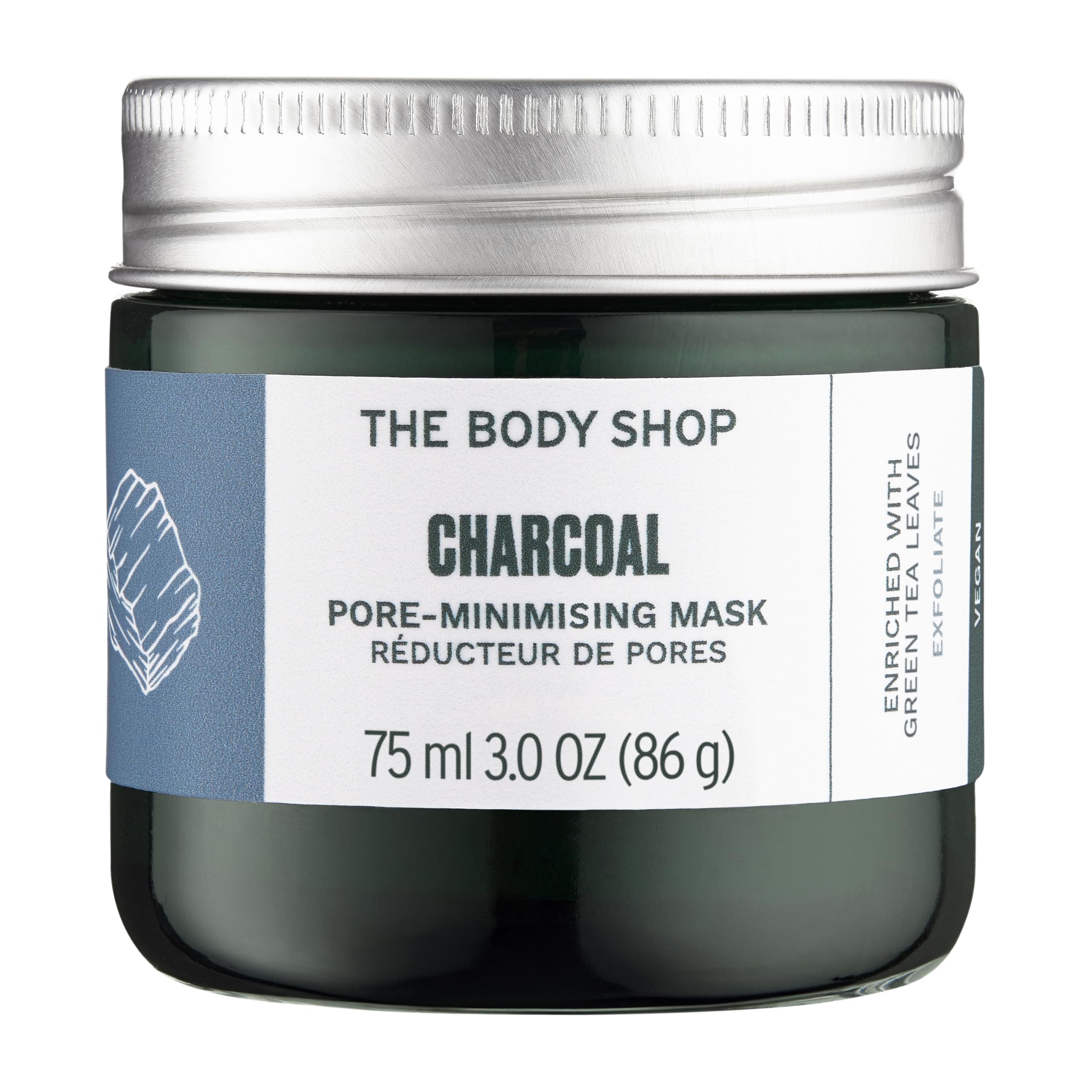 The Body Shop Himalayan Charcoal Purifying Glow Mask jar showing creamy clay for purifying glow