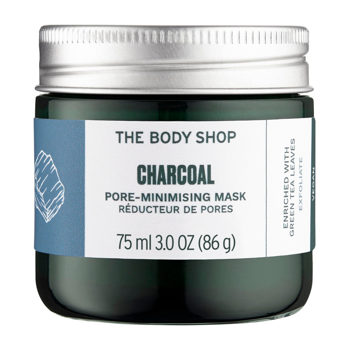 The Body Shop Himalayan Charcoal Purifying Glow Mask jar showing creamy clay for purifying glow