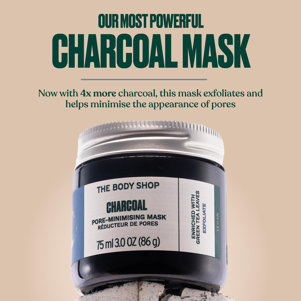 The Body Shop Himalayan Charcoal Purifying Glow Mask tea tree oil drop offers calming aroma