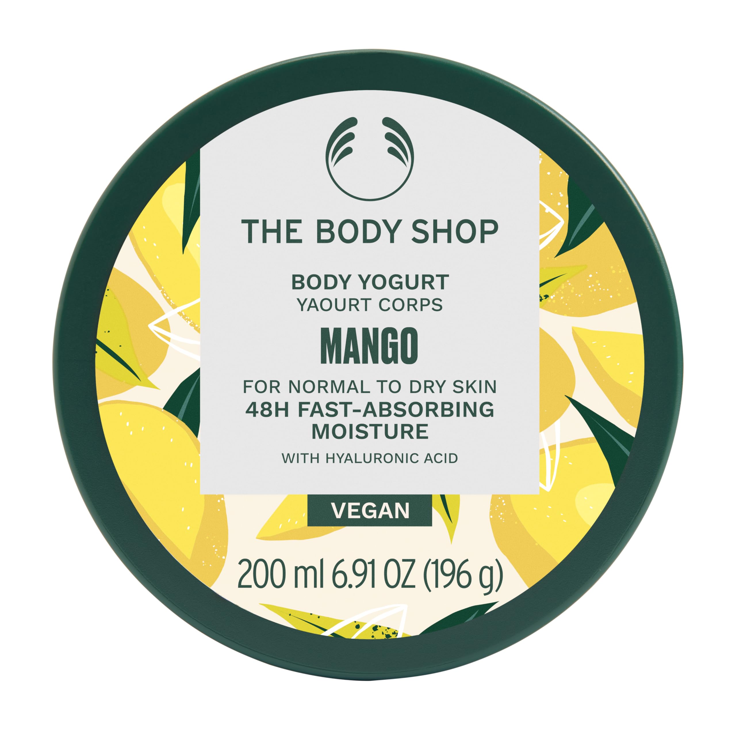 The Body Shop Mango Body Yogurt jar closeup highlighting creamy texture for instant hydration