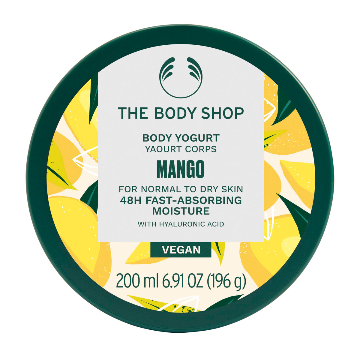 The Body Shop Mango Body Yogurt jar closeup highlighting creamy texture for instant hydration