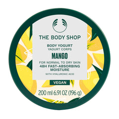 The Body Shop Mango Body Yogurt jar closeup highlighting creamy texture for instant hydration