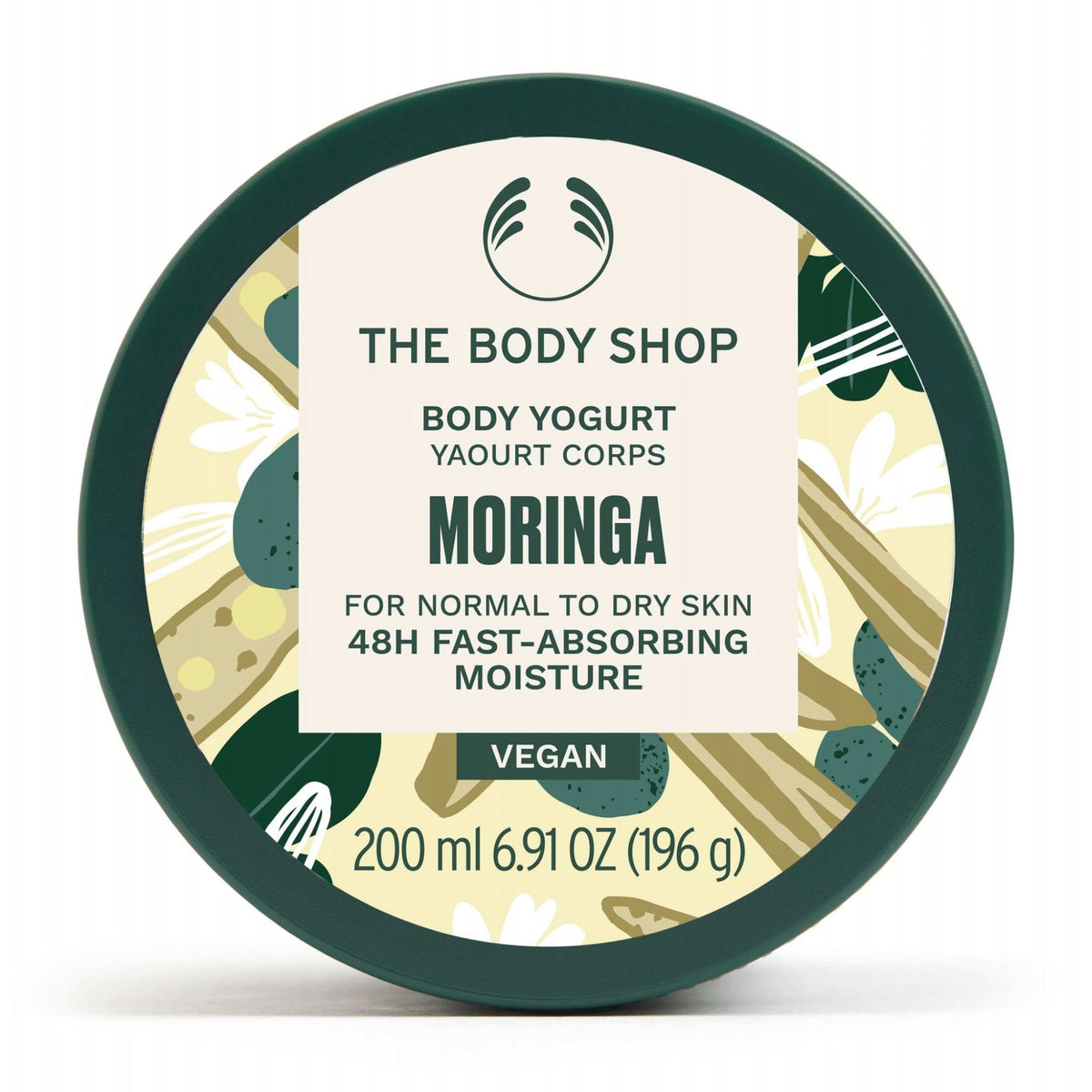 The Body Shop Moringa Body Yogurt jar close-up showing vegan, fast-absorbing moisture.