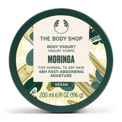 The Body Shop Moringa Body Yogurt jar close-up showing vegan, fast-absorbing moisture.