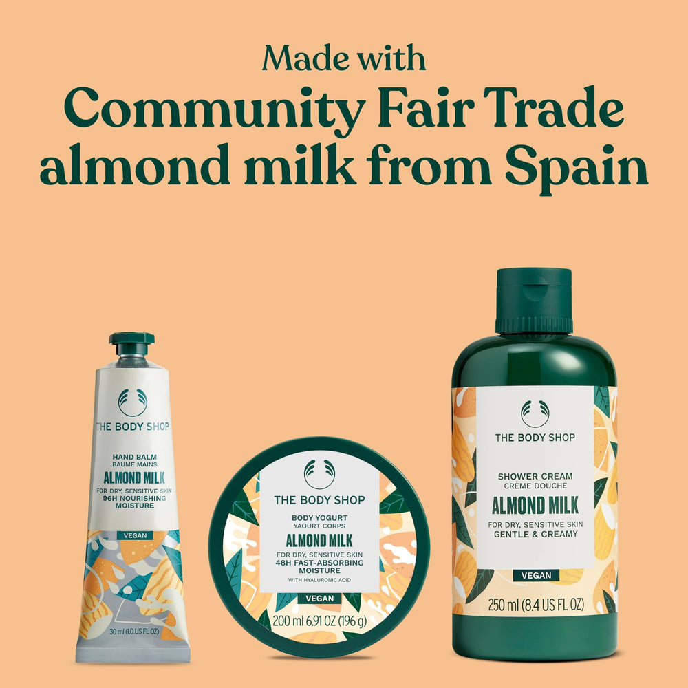 The Body Shop almond milk hand balm tube hydrates hands for lasting protection