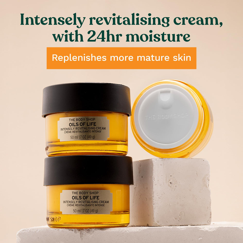 The Body Shop Oils of Life cream texture swirl highlights lightweight, nourishing application.