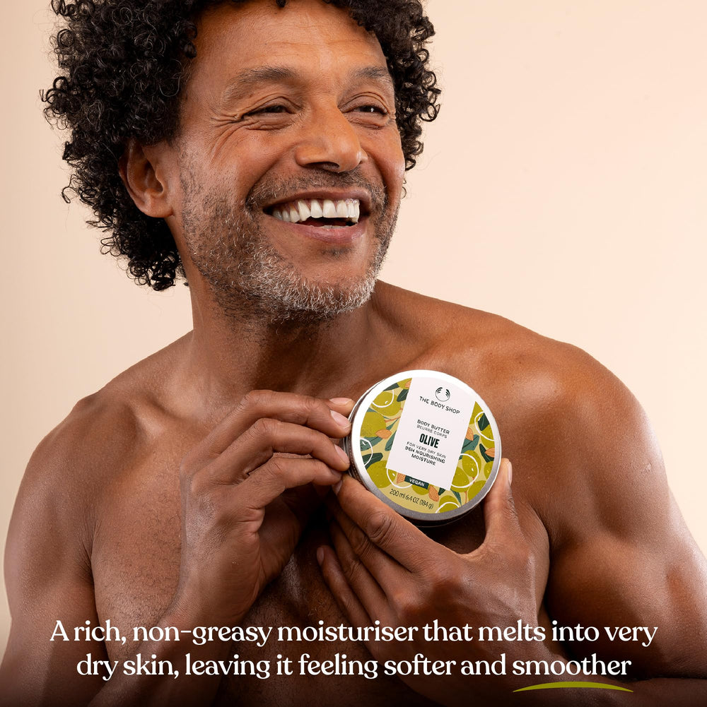 The Body Shop Olive Body Butter texture scoop highlights creamy, non-greasy application