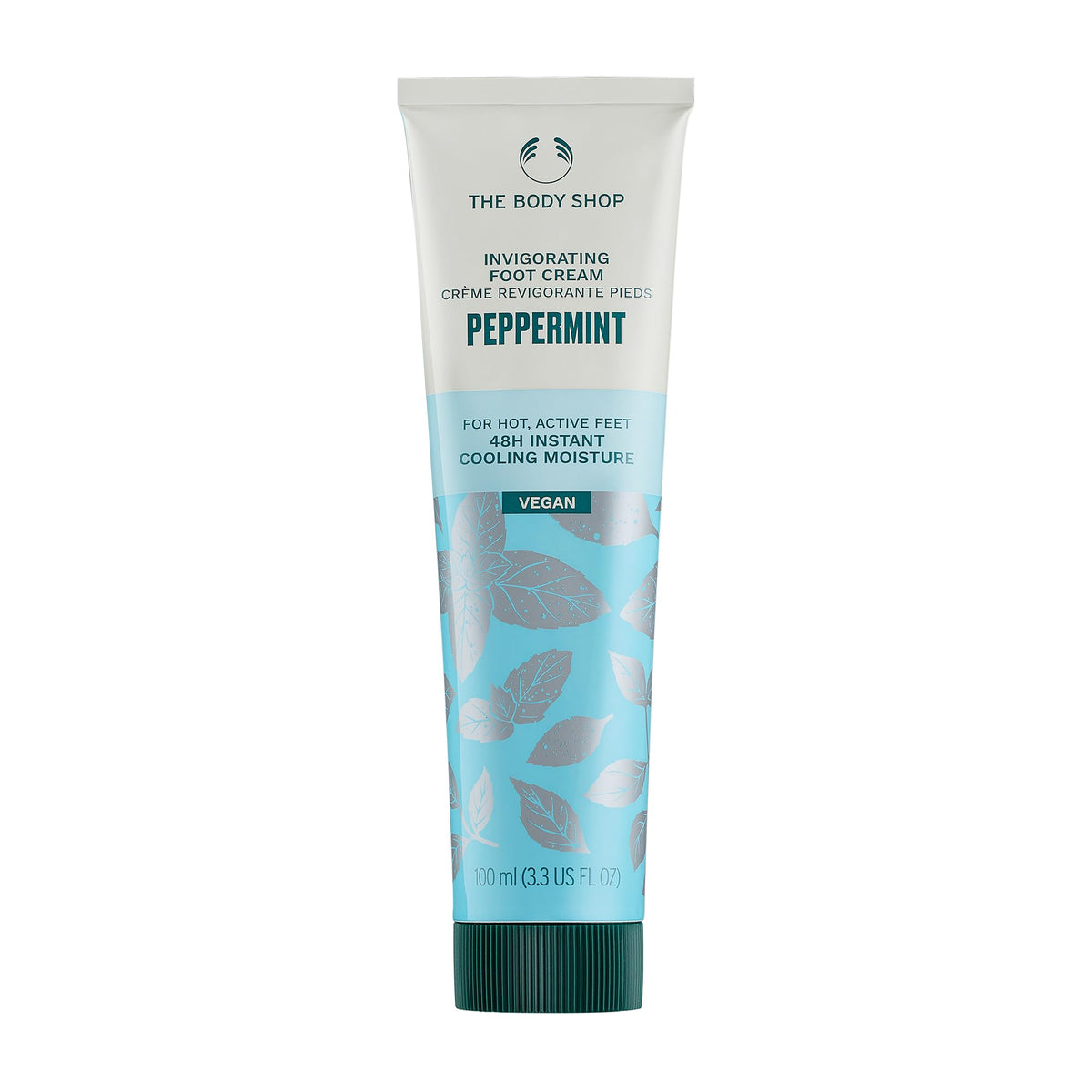 The Body Shop Peppermint Invigorating Foot Cream tube close-up showing cooling relief