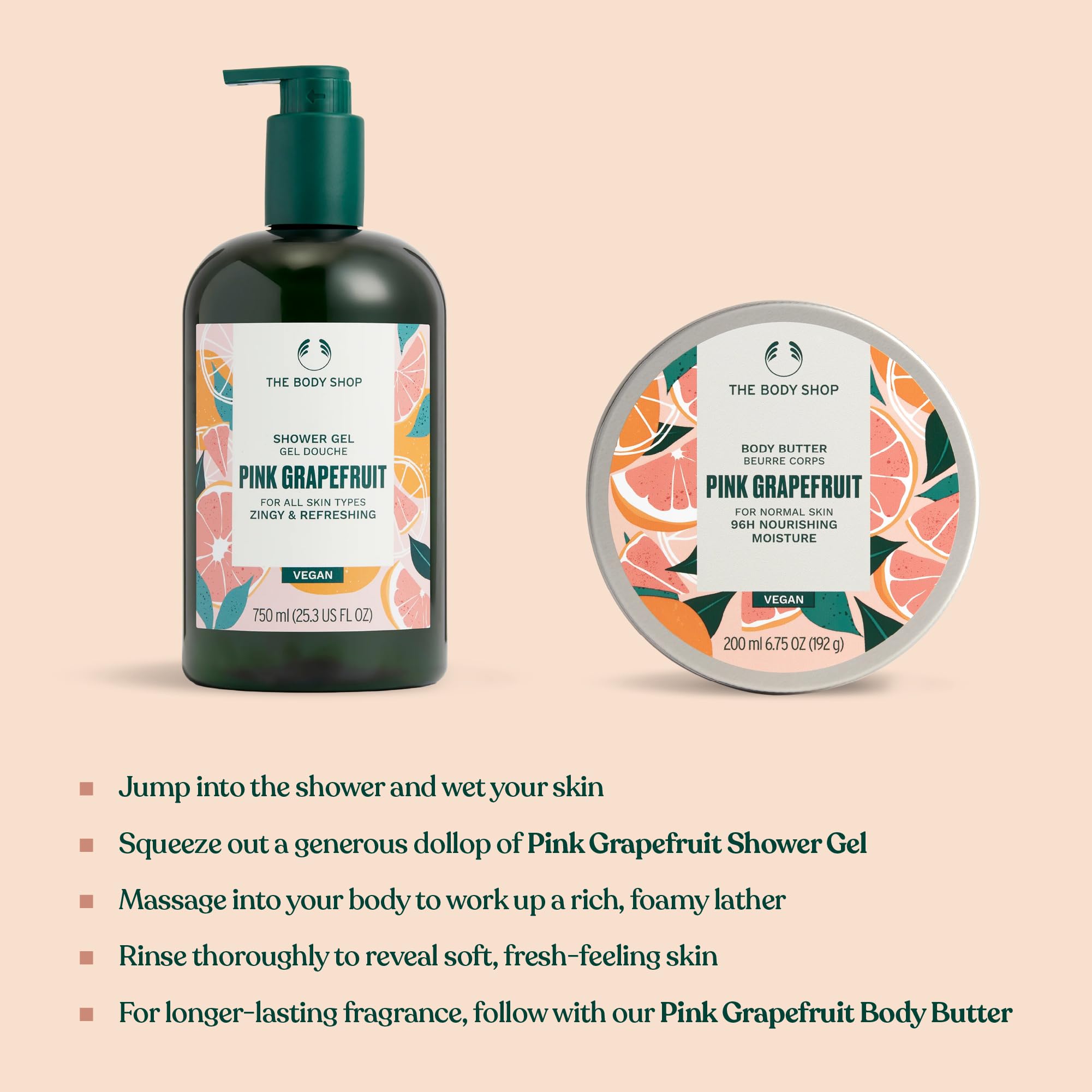 The Body Shop Pink Grapefruit Shower Gel bathroom scene suggests an invigorating scent.