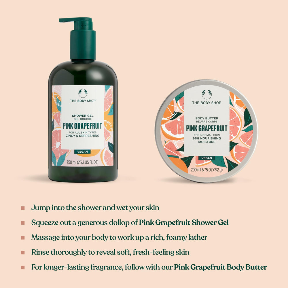 The Body Shop Pink Grapefruit Shower Gel bathroom scene suggests an invigorating scent.